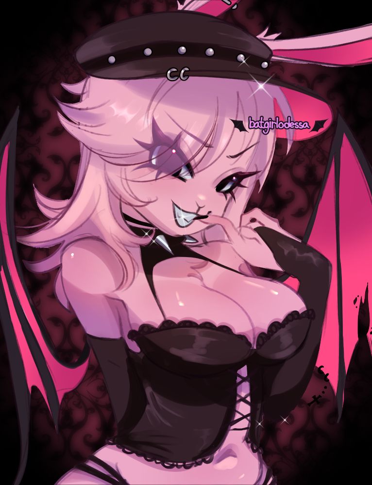 A pink bunny girl with bat wings (Heather) in a corset and hat