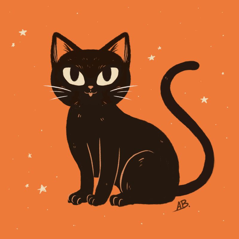 Digital illustration of a "cartoon" cat in black on an orange background,in a very minimalist style.