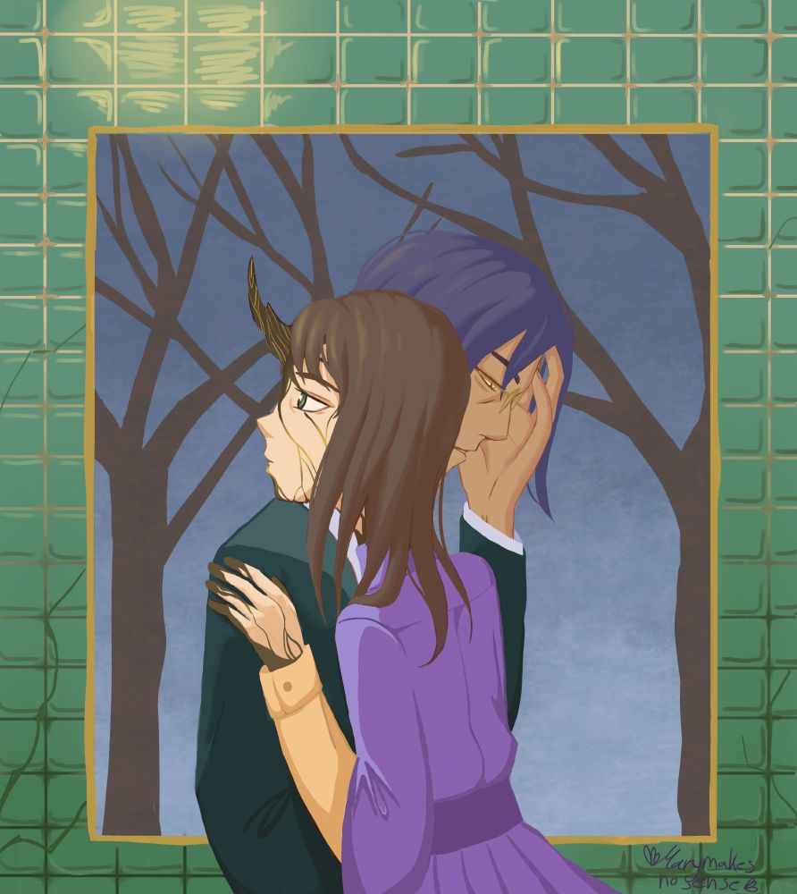 A girl in a violet dress is standing close to a man with his head bow in some sort of pain. The background shows a wall with cracked green tiles an a surreal picture of bare trees and grey sky.