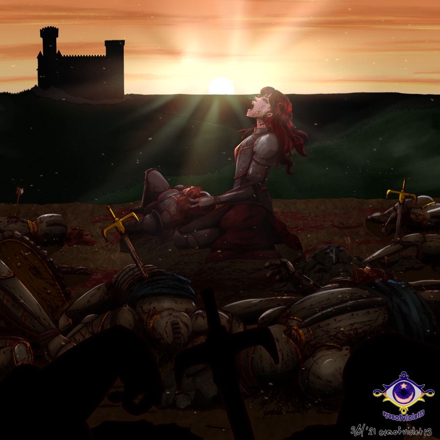 a female knight, crying and holding the body of her husband in the middle of a battlefield of fallen knights as the sun rises.