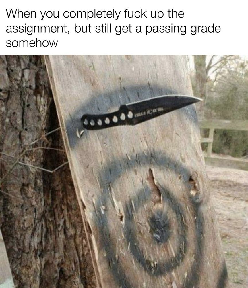 A picture of a knife embedded in a plank of wood with a black target spray painted on it. The knife handle, instead of the tip, is stuck in the wood. 
"When you completely fuck the assignment but still get a passing grade, somehow." 