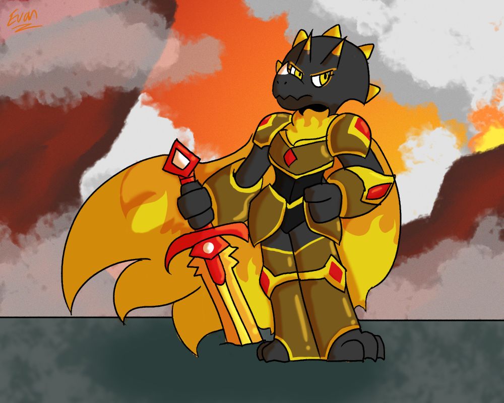 A black anthropomorphic Triceratops in bronze and gold armor standing amidst a lava field.