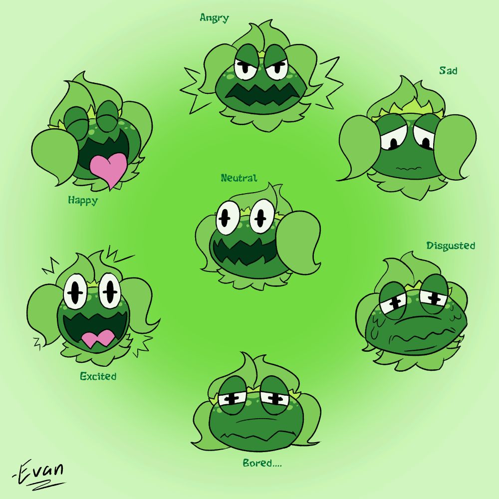 A series of facial expressions for a plant puppy frog thing.