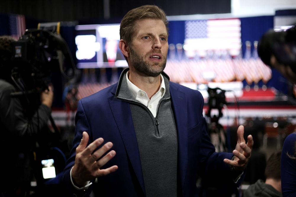 Former President Donald Trump's son Eric Trump speaks to media on January 15, 2024 in Des Moines, Iowa. (Alex Wong/Getty Images) 