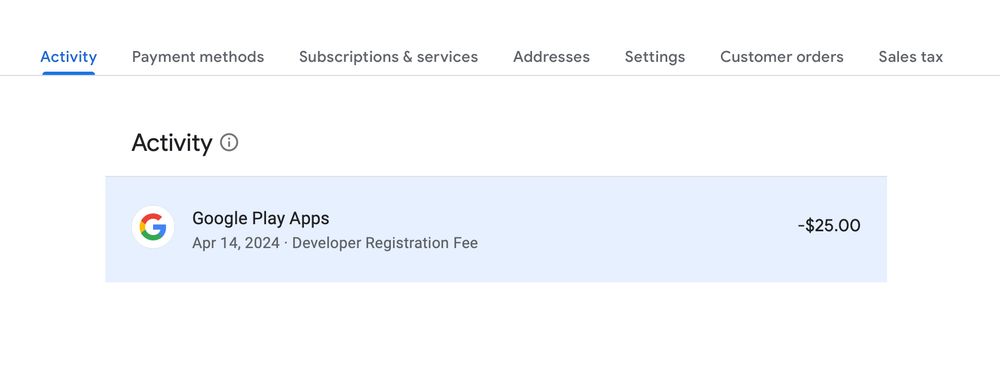 Interface of Google Payment, showing that the user has registered to the Developer Program on April 14, 2024