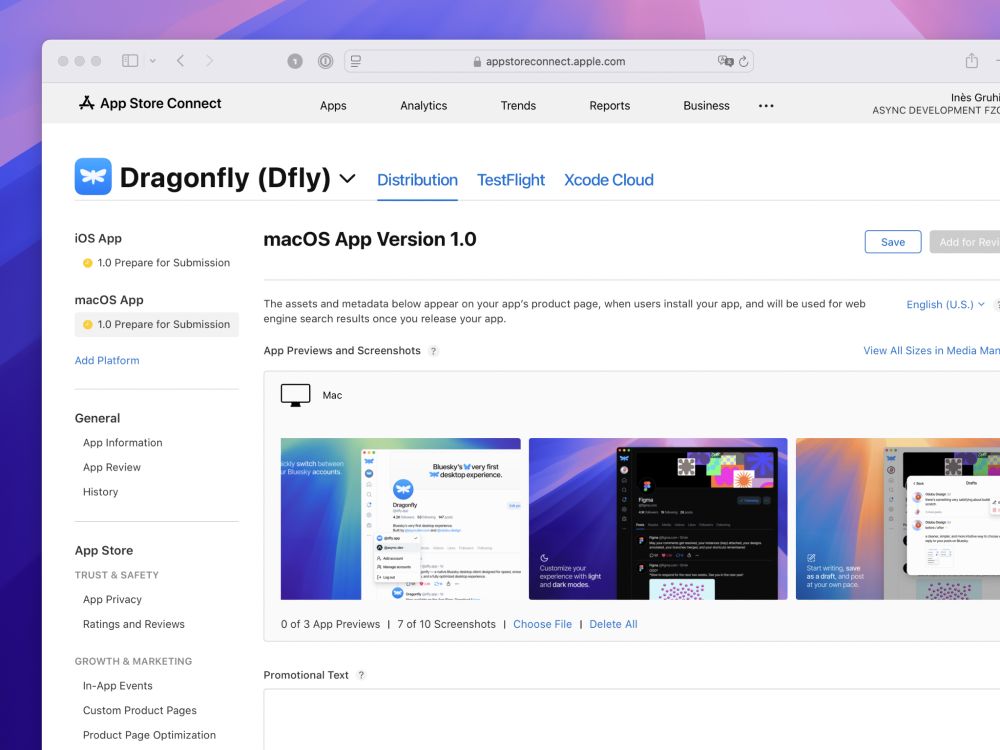 A screenshot of App Store Connect showing the app previews for our upcoming app, Dragonfly. The interface displays various uploaded app previews, as we prepare for launch.