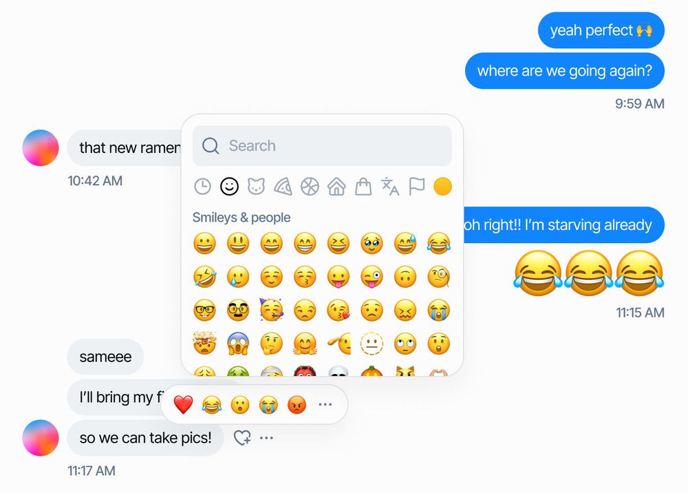 Emoji picker open in Dragonfly's chat interface. The picker shows emoji categories and a grid of smiley face emojis.