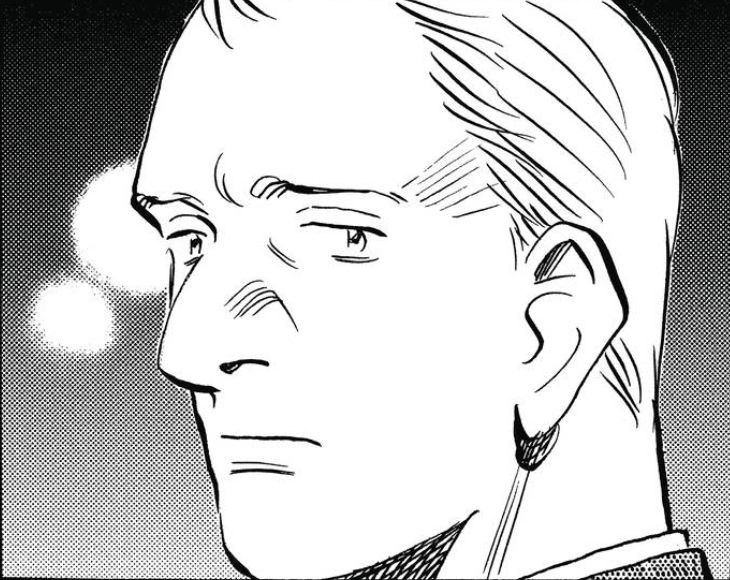 3/4 portrait close up of Gesicht from Pluto. He has a somber expression.