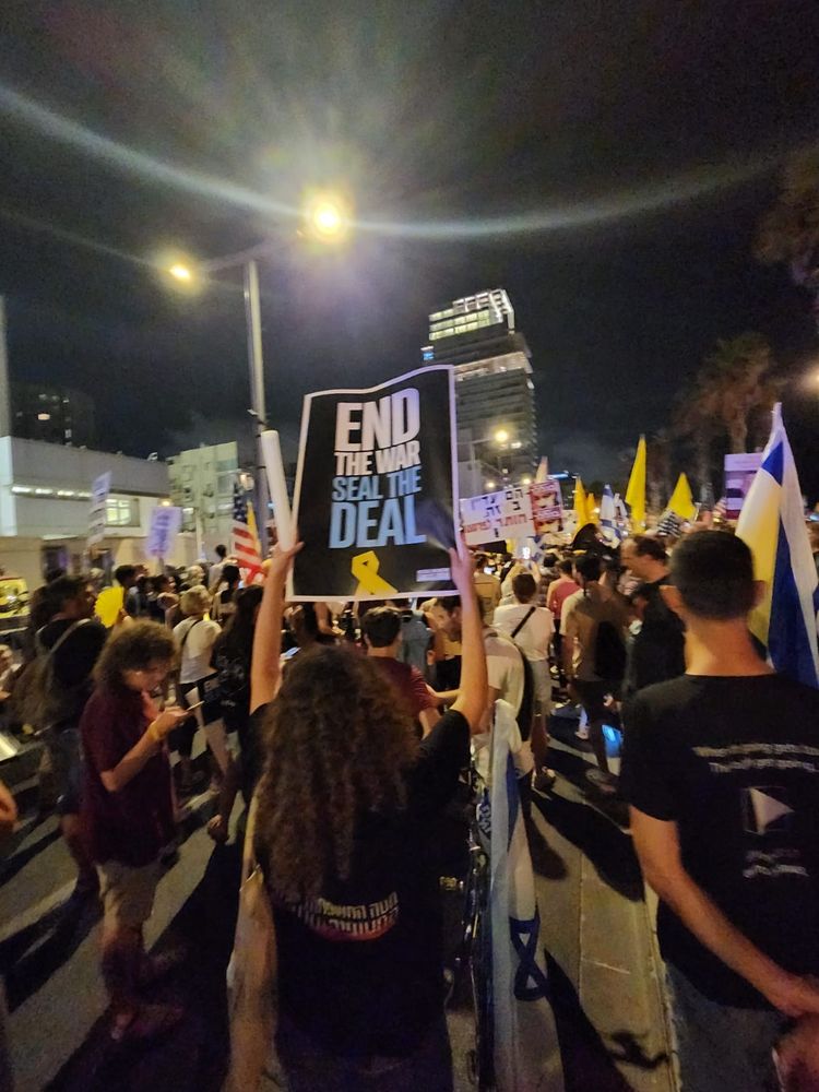 Holding up an 'End the war, Seal the deal' sign in front of the US embassy 
