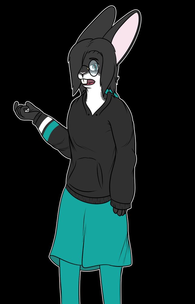 An adult male rabbit anthro wearing a baggy black hoodie, cyan knee-length skirt, and cyan stockings. He appears to be bored or mildly annoyed as he explains something to the viewer.