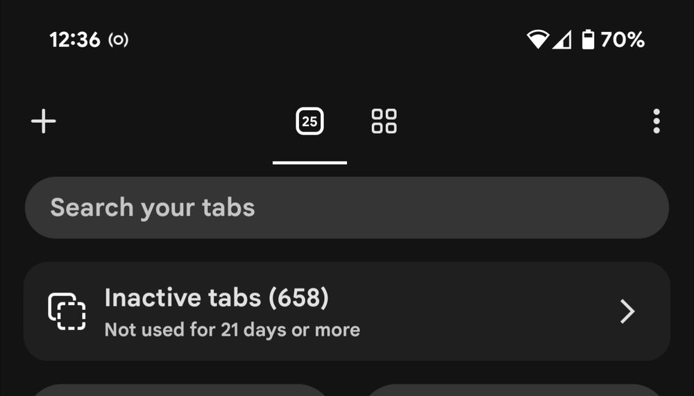 Screenshot of Chrome on Android showing 658 inactive but open tabs 