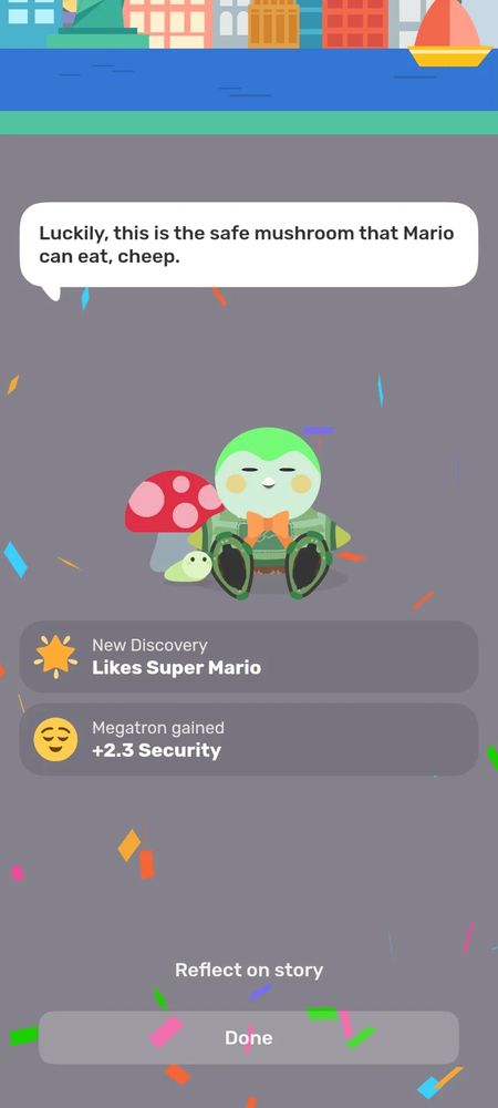 Screenshot of a little green bird in the Finch app. They have just discovered they like Super Mario and gained +2.3 to security