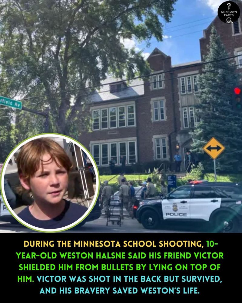 Screenshot of a social media post that has a photo of a young child superimposed in front of a school surrounded by people and police cars. The caption reads 
DURING THE MINNESOTA SCHOOL SHOOTING, 10-
YEAR-OLD WESTON HALSNE SAID HIS FRIEND VICTOR SHIELDED HIM FROM BULLETS BY LYING ON TOP OF HIM. VICTOR WAS SHOT IN THE BACK BUT SURVIVED, AND HIS BRAVERY SAVED WESTON'S LIFE.

#guncontrol #schoolshooting #shooting #secondamendment #2ndamendment #memes 