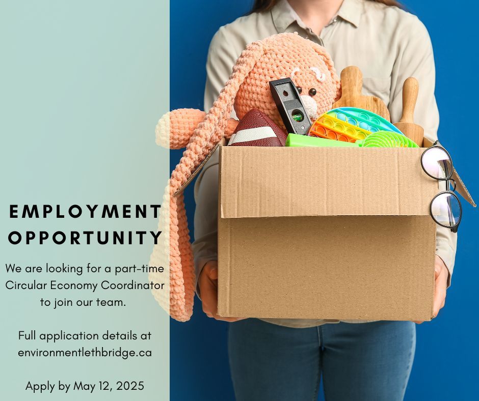 An image of a person holding a cardboard box filled with items including a stuffed rabbit. Overlaid text reads: Employment Opportunity We are looking for a part-time Circular Economy Coordinator to join our team. 

Full application details at environmentlethbridge.ca

Apply by May 12, 2025