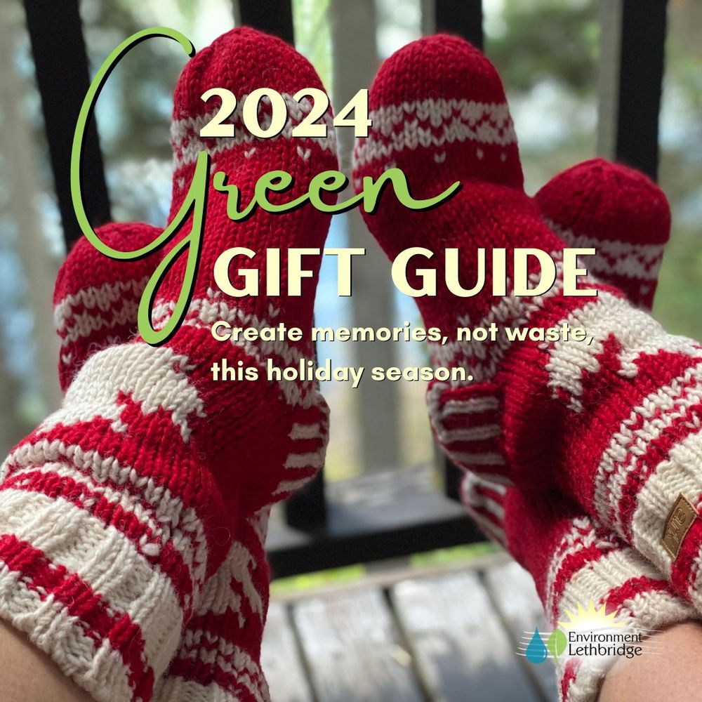 A catalog cover showing two pairs of feet clad in hand-knitted red and white stockings. The overlaid text reads: 2024 Green Gift Guide, Create memories, not waste, this holiday season