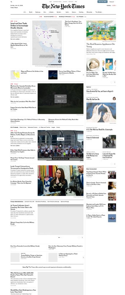 NYTimes screenshot, showing top stories: Israel and Iran, Manhunt for Minnesota assassin, Anti-Trump protests, Trump's immigration policy turnaround