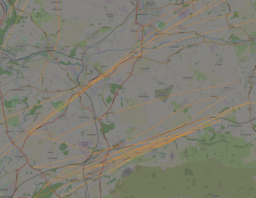A screenshot of a flight tracker, showing a large number of flight paths. These represent the last 24 hours of helicopters passing within range of my ADS-B receiver