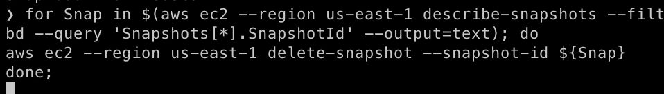 for Snap in $(aws ec2 --region us-east-1 describe-snapshots --filters...