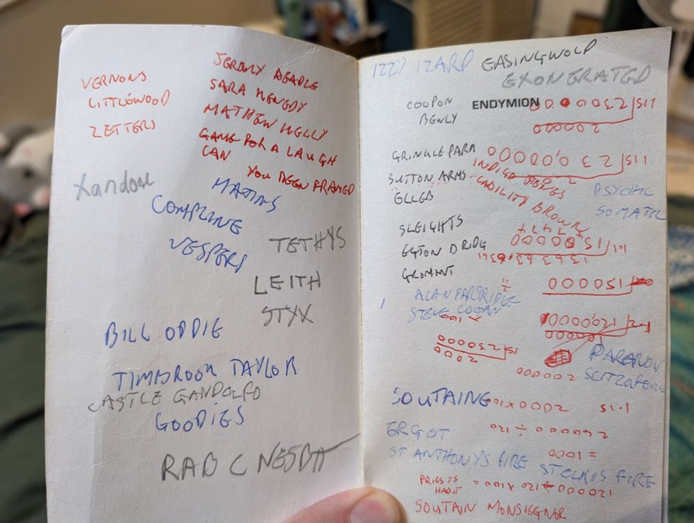 The inside front cover of a paperback, filled with various lists of TV shows, actors etc, written in different pens and handwriting