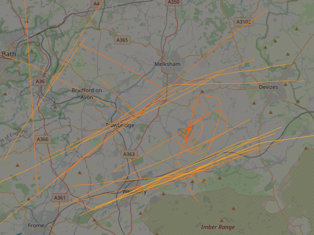 A flight tracker screenshot showing lots of tracks. It's 8 hours of helicopters as seen by my ADS-B receiver
