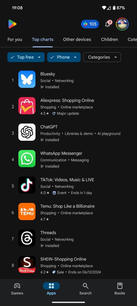 Chart of top free apps, with Bluesky number 1 what of AliExpress, ChatGPT, WhatsApp and tiktok
