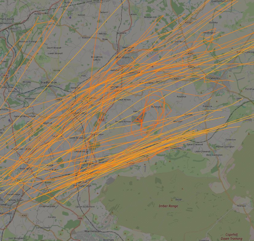A flight tracker screenshot showing hundreds of tracks
