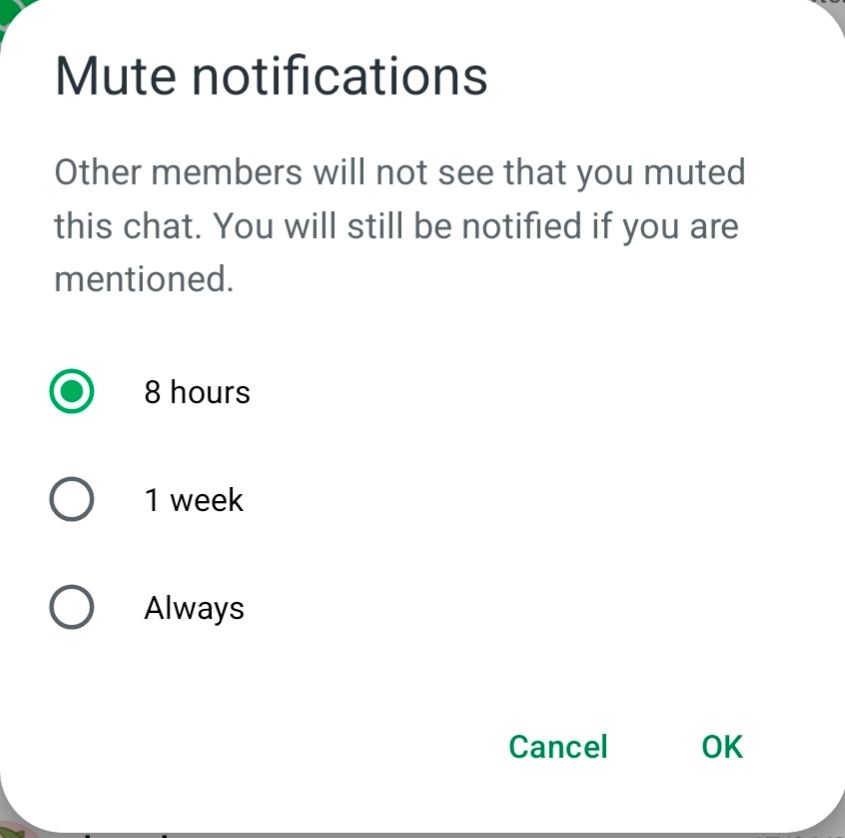 Mute notifications: 
8 hours 
1 week
Always 