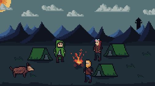 Pixel art of three dnd aventurers and their pet wolf standing around a campire next to their tents in a large open plains with mountains in the background.