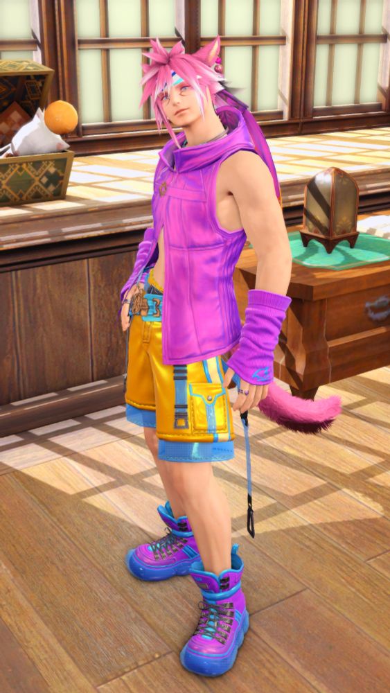 Male miqo'te with purple and white hair from Final Fantasy XIV wearing a purple sleeveless hooded vest, yellow and blue shorts, purple and blue sneakers, and some purple arm warmers.

This fictional character gives his consent for his picture to be taken.