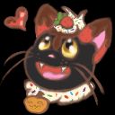 A cute black kitty cat with chocolate covered strawberry ears, a big open grin, whipped cream hair and collar, with a jackolantern tag. 
