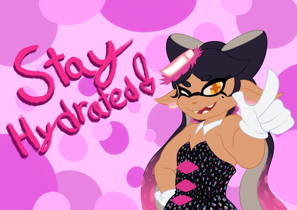 Callie Cuttlefish pointing at the viewer next to the words "Stay Hydrated"