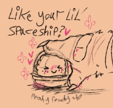 Me petting a food based easer in a gashapon, it's blushing and is happy 
Dialogue reads: "Like your lil' spaceship?"