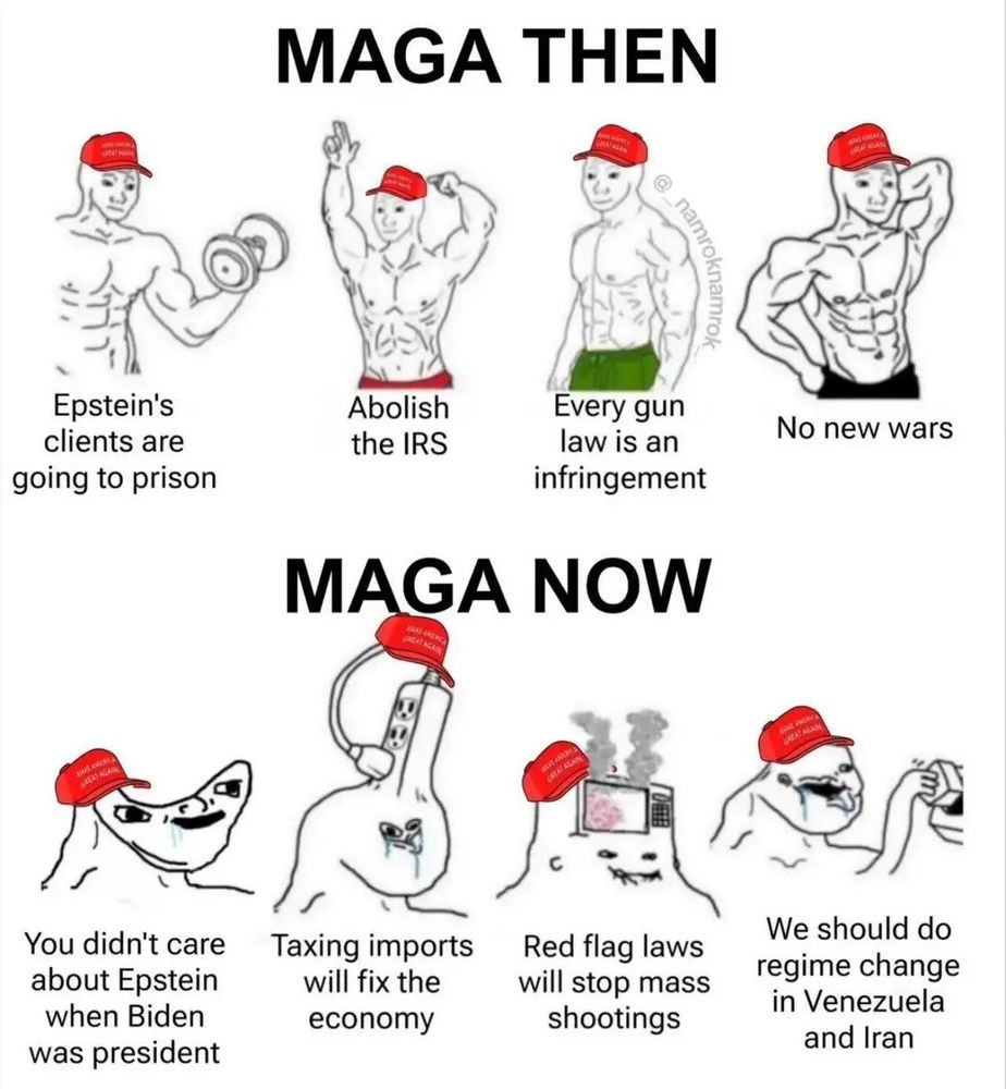 Maga then
Epstein clients are going to prison
Abolish the IRS 
Every gun law is an infringement
No new wars

Vs 

Maga now

You didn't care about Epstein when it was president Biden 
Taxing imports will fix the economy
Red flag laws will stop mass shootings
We should change the regimes in Venezuela and Iran!