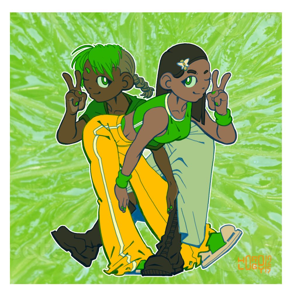 Two women standing in a mirrored pose, doing the peace sign and winking at the viewer.