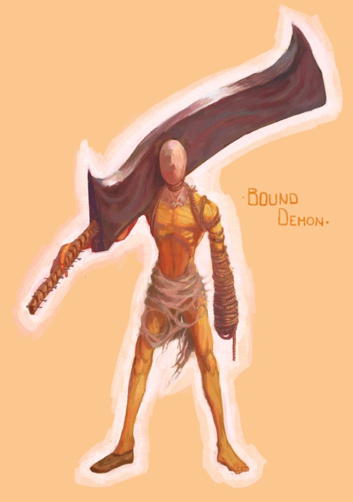 A tall, emaciated figure with a bag tied over its head and its hand and arm bound tightly with rope into a thick club. The other hand balances a huge curved sword over its shoulder, the handle hammered with protruding nails. It wears a tattered rag around its waist and a single shoe.
