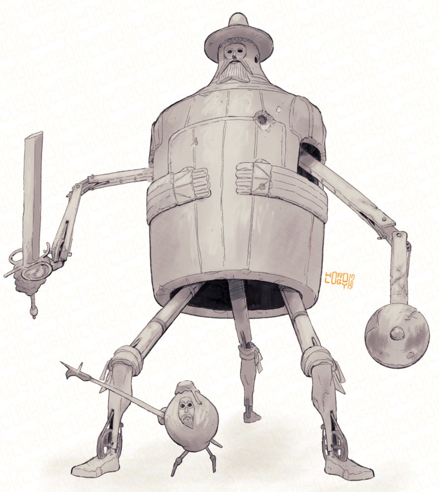 A clay automaton carrying oversized sword and shield, with a jug-shaped body designed to resembled an armoured man. Wooden arms and legs project from the bottom and sides of the torso, powered by cogs and cords. A smaller jug automaton, wielding a billhook, scuttles under its feet.