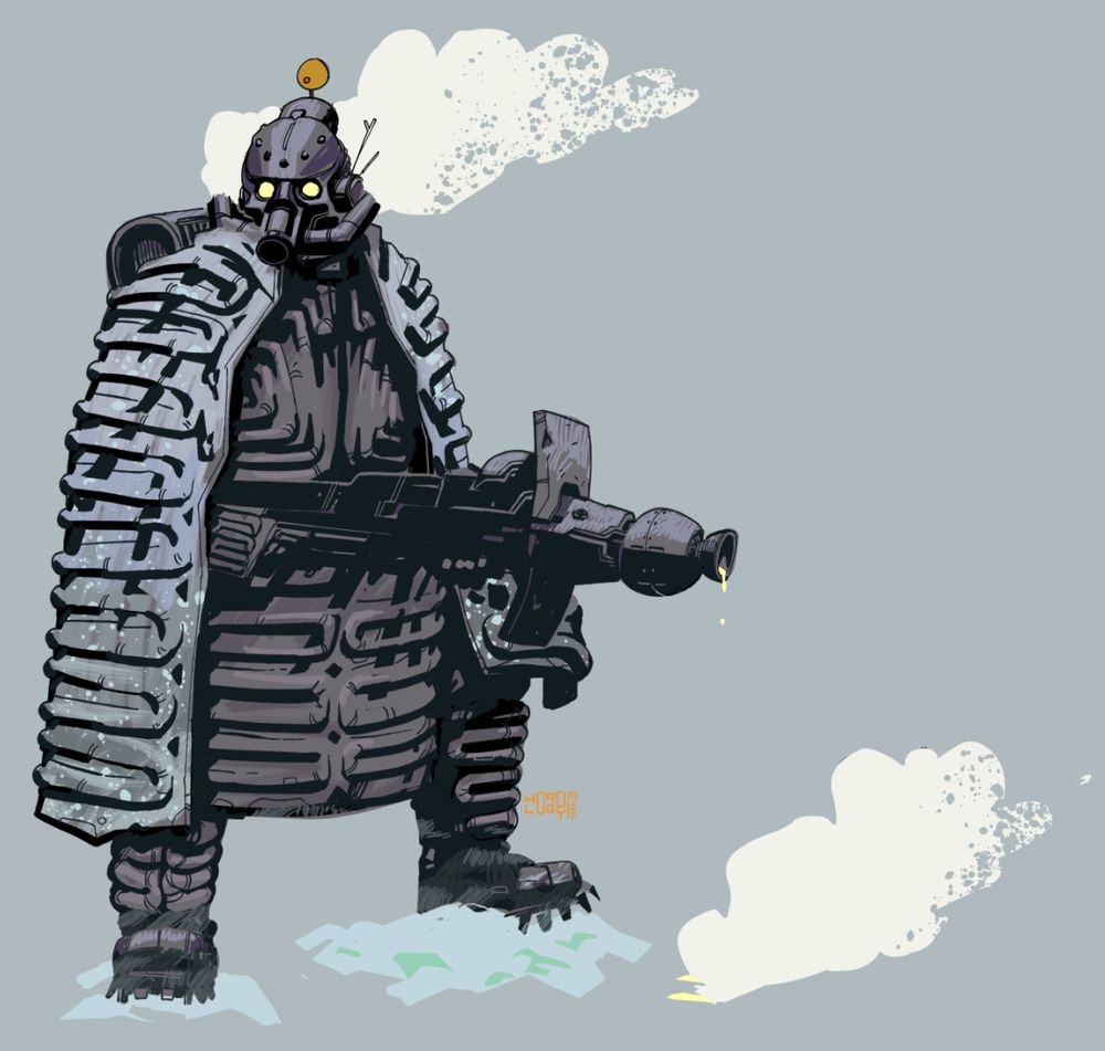 A futuristic soldier dressed in a sealed heat-regulating suit covered in pipes, holding a mean looking acid thrower, drooling hissing yellow droplets onto the ice.