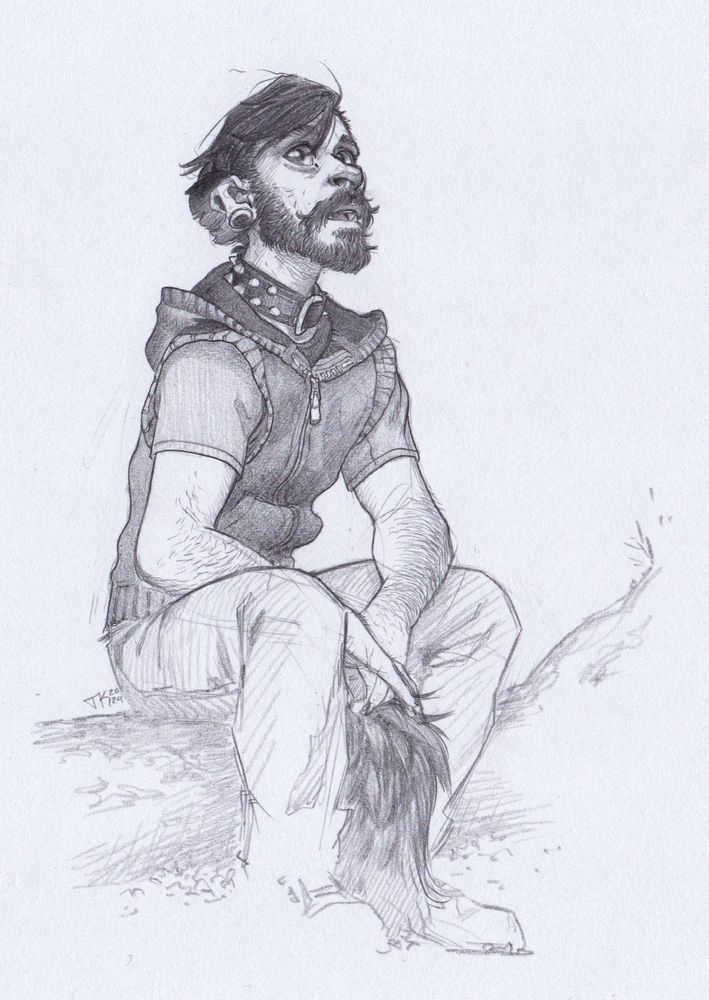 A humaonid figure sits on a fallen tree-trunk looking up with a melancholy expression.