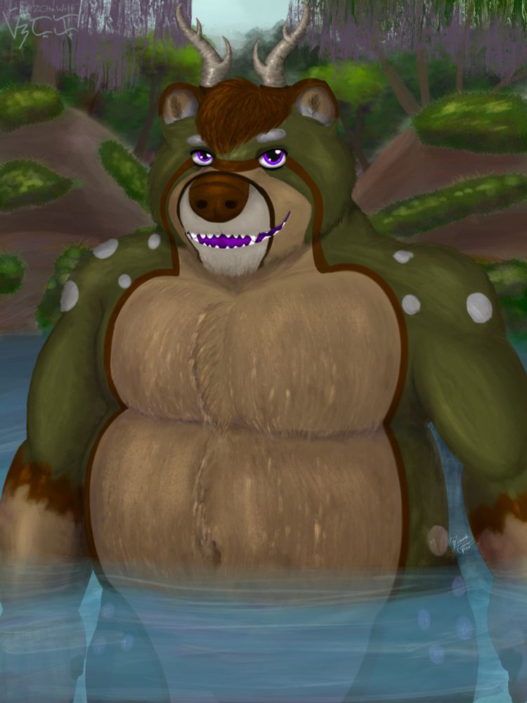 A green bear-deer hybrid man enters and wades into a shallow lake in the middle of a hilly forest. The willow trees beginning to bloom purple flowers, giving shade over the lake. The bear-deer Sage stops with the water midway on his belly and looks at the viewer (you) with a toothy bear smile.