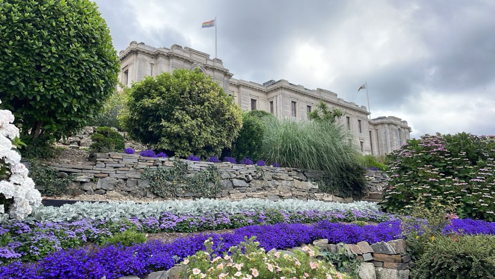 The National Library of Wales, an imposing stone building with two flags flying from it, LGBTQ+ on the left and Wales on the right. Above, some impressive clouds. Below, a curated arctic garden of shrubs, low flowers, and stone walls.