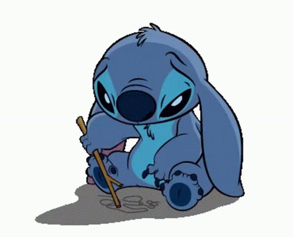 a drawing of stitch sitting down with a stick in his paws