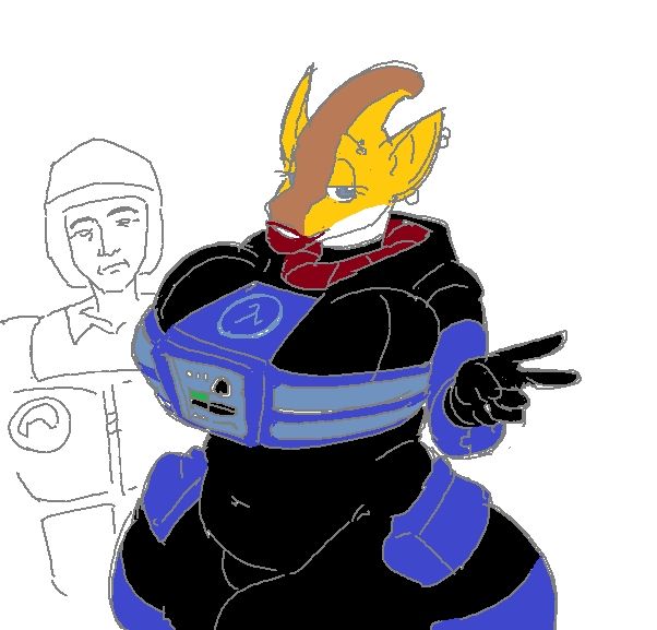 Dr 0range the orange dino sporting a dark blue HEV suit from Half-Life 1, sluttily