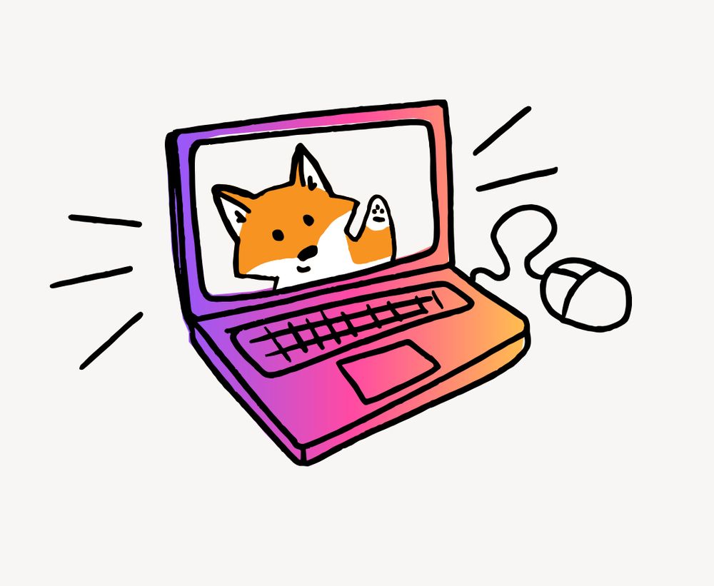 開いたノートパソコンのイラスト。画面の中からきつねが手を振っている。