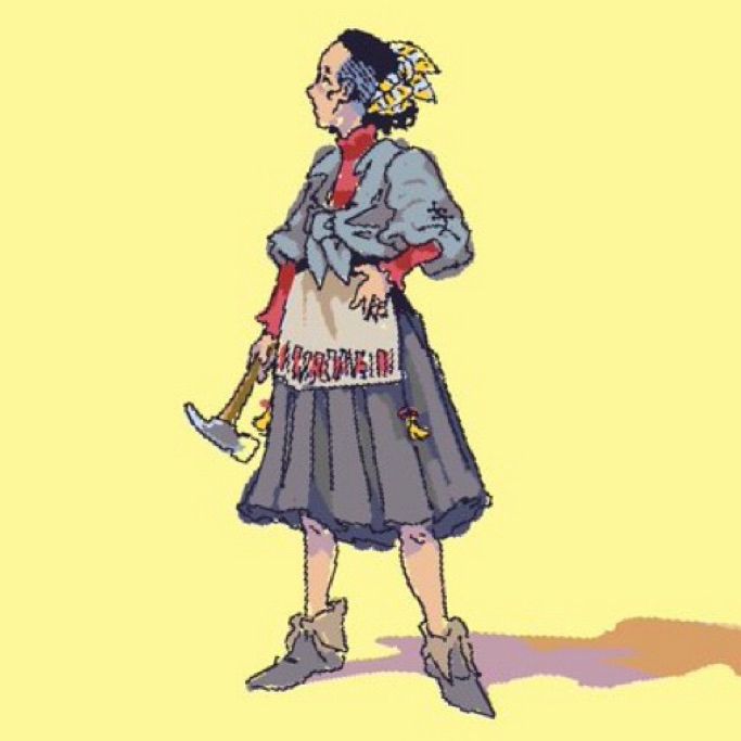Sketch of a blacksmith character.  She has dark hair in an undershave wrapped up in a yellow bandana.  She wears a knotted grey smock over a red chemis le tucked into a full grey overskirt and short apron.  She caries a metalworking hammer.