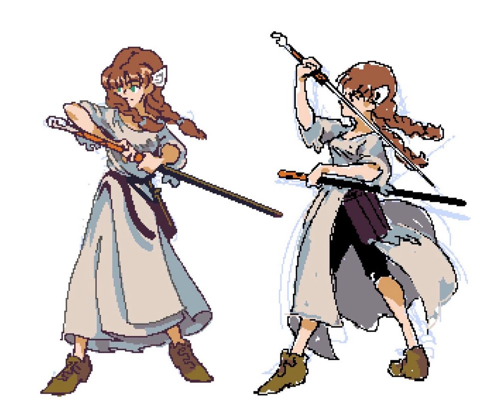 Two sketches of the same character in a white gown over black breeches.  She holds a long straight sword and scabbard.

On the left, she holds the sword sheathed at chest height.

On the right, she holds the sword drawn in a high guard while her other hand holds the scabbard in a middle guard.