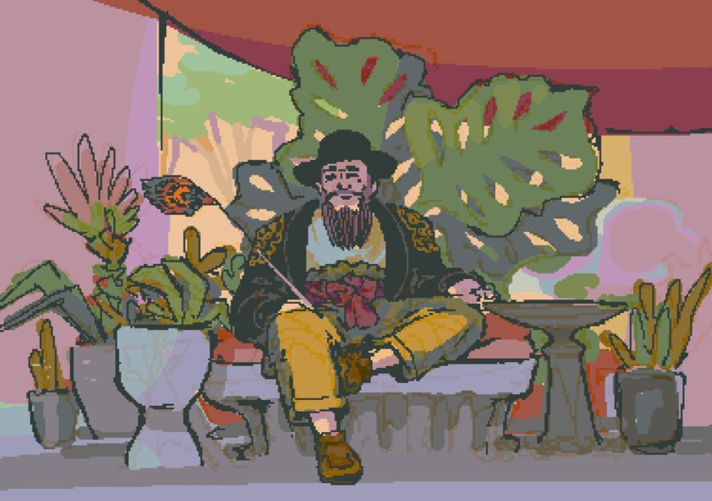 Concept art of a wealthy man in a covered courtyard.

He is surrounded by heavy stone planters holding a variety of exotic plants, as well as a stone brazier.  Between huge columns of rose-colored marble, a wider tree-lined courtyard can be seen.

The man himself is seated on a stone bench with a red cushion and ample space to rest his slippered feat.  A short black silk robe with rich embroidery covers his shoulders, and he wears the black felt hat and long straight beard of a Scholar.

To him, these fashion choices are "humble" - he is only an Imperial Uncle, after all, not the Emperor (nevermind that he has vastly more wealth and influence than any other warlord or minister in the realm).

He still however carries a phoenix-feather fly-whisk, a reminder that he speaks for the emperor within his "humble" domain.