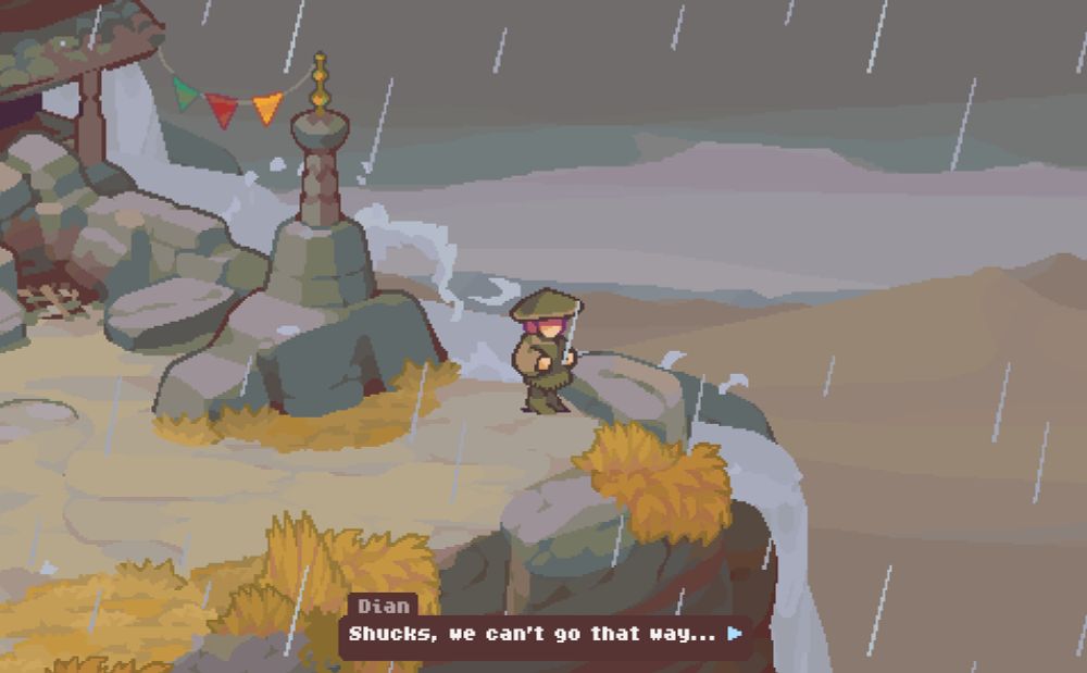 Pixel art of a mountain vista with a loosely painted backdrop based on the screenshot of Mongolia