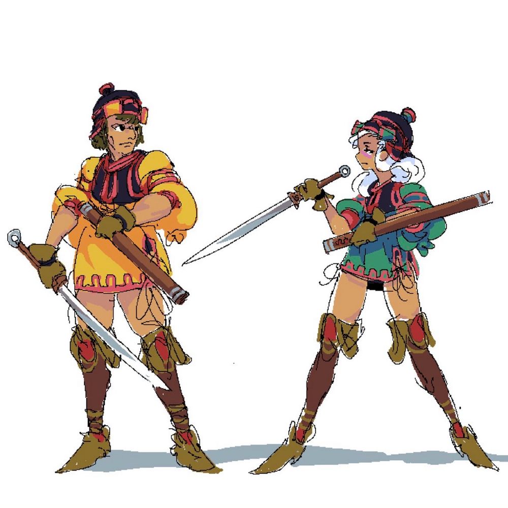Sketches of two characters with short tunics, samurai-inspired helmets, thigh highs and short, single-edge swords.  The girl on the right in blue is holding her sword upside down and lazily towards the man on the left, who appears irritated.