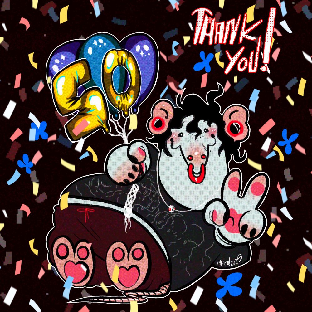 A little rat laying down, holding balloons that say '50', it is smiling heavily and making a peace sign at the viewer. There is large text that says THANK YOU! and several blue butterflies, flying amongst confetti.