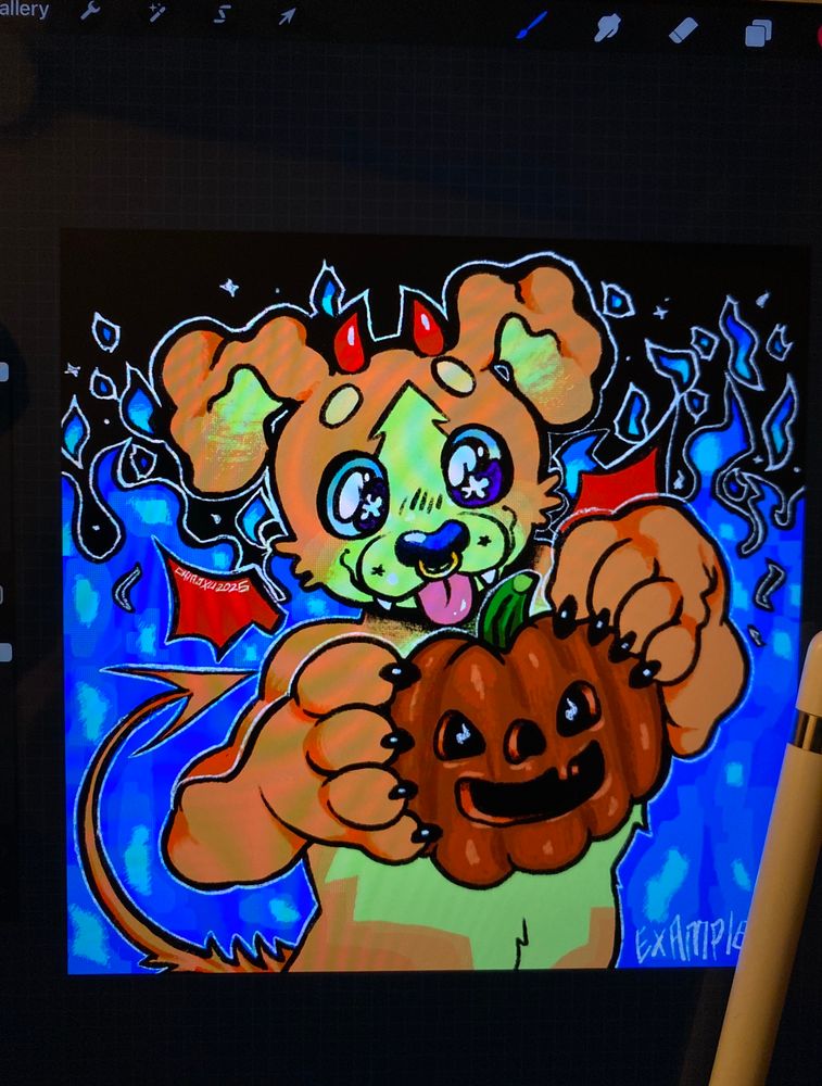 a ych icon commission example of a halloween themed dog in a devil costume with a septum ring holding a jack o lantern in their big paws. the background is blue flames.